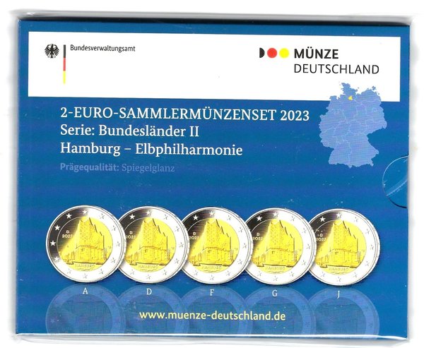 2 Euro Sammlermünzenset 2023 aus Deutschland, Hamburg, Elbphilharmonie, spiegelglanz (PP)