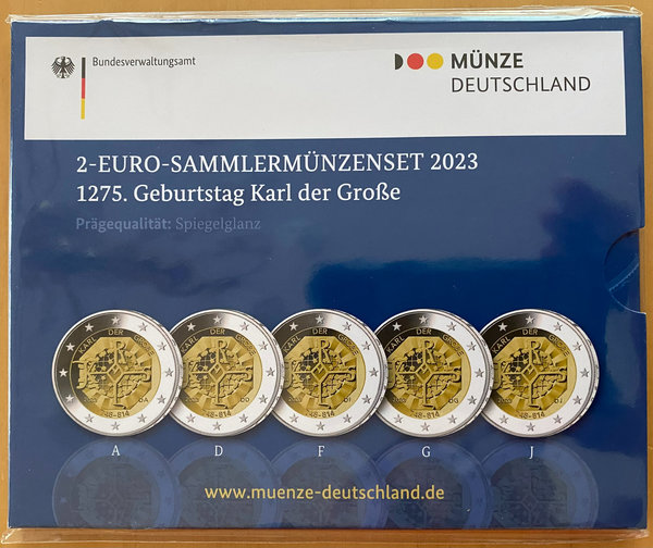 2 Euro Sammlermünzenset 2023 aus Deutschland, Karl der Große, spiegelglanz (PP)